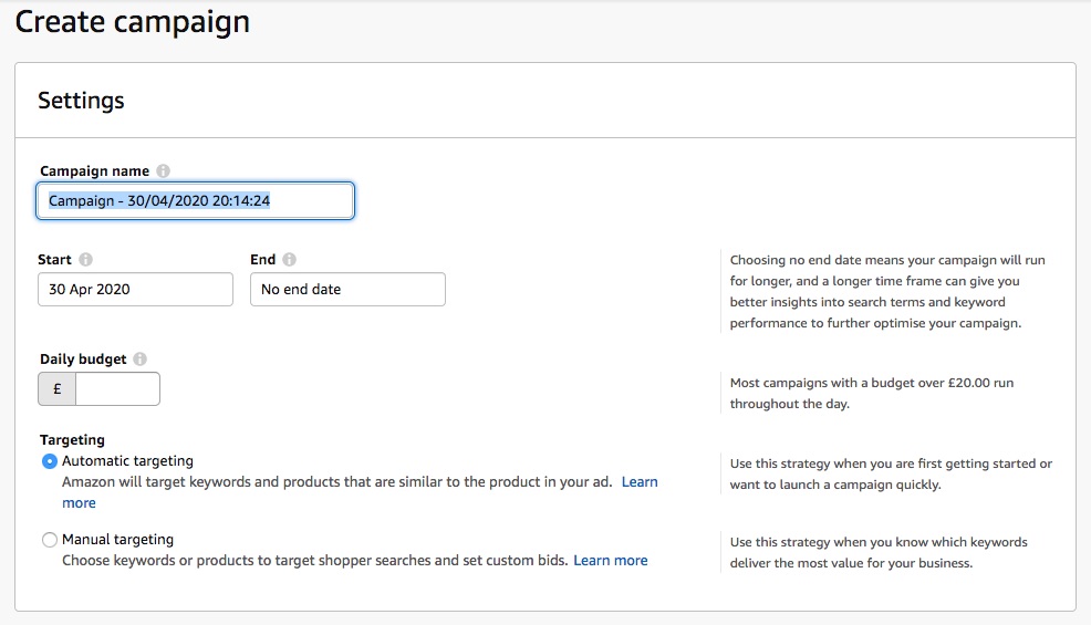 Amazon ad Create Campaign screen