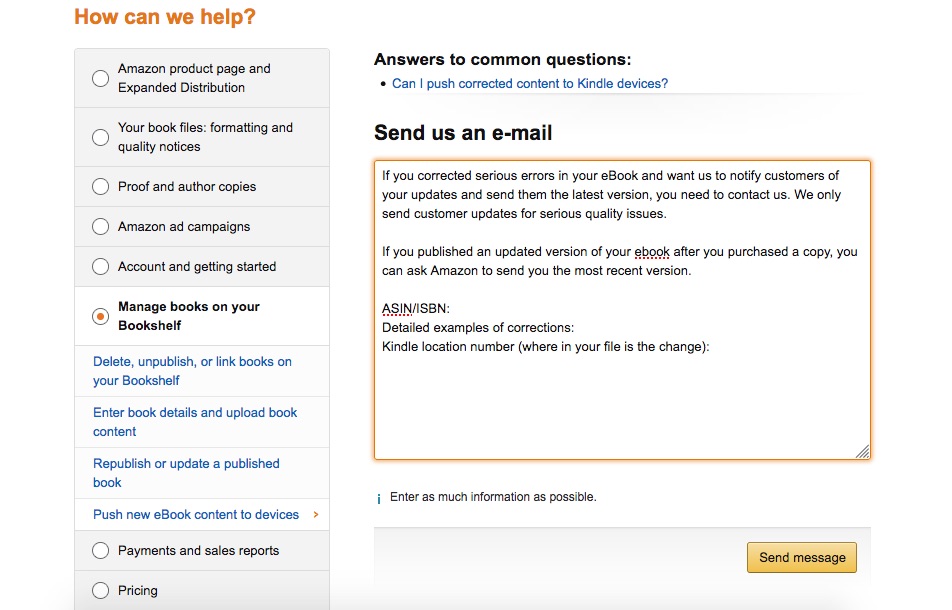 KDP contact form for push new eBook content to devices