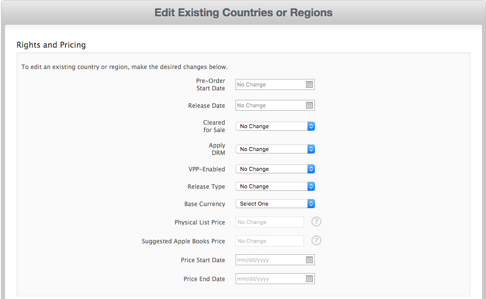 iTunes Connect, Update Rights & Pricing, multiple countries