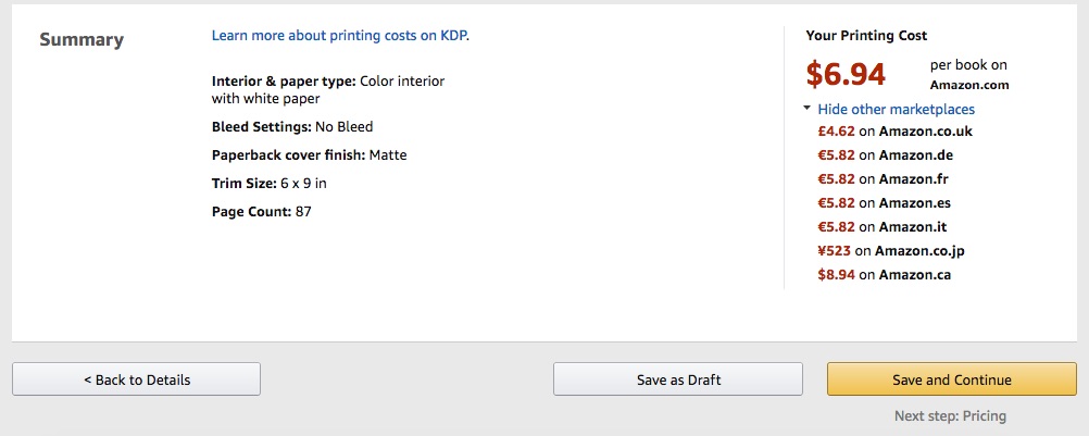 KDP Summary of print options, and printing cost